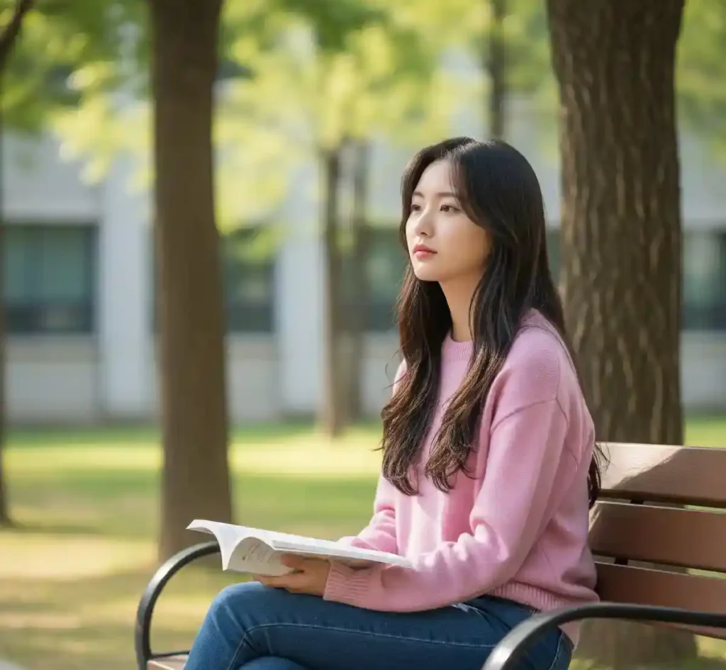 이미지 생성 한국인 동양 여성 에겐녀 독서 대학생 공원
